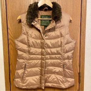 Eddie Bauer Women's Beige Puffer Vest with Faux Fur Collar